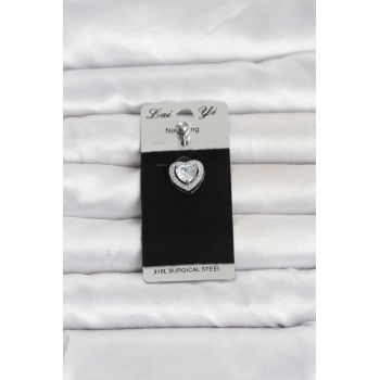 Mey İthalat® 316L Cerrahi Çelik Zirkon Taşlı Kalp Model Göbek Piercing