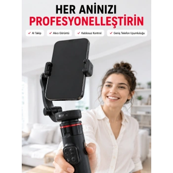 Mey İthalat® 360° AI Akıllı Takipli Selfie Stick Gimbal Stabilizatör Bluetooth Kumandalı Uzayabilir Telefon Tripodu