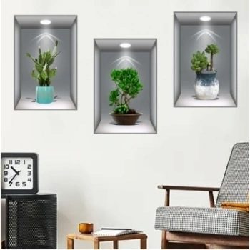Mey İthalat® 3D Çiçek Vazo Duvar Sticker 3 lü Set GRİ Fon