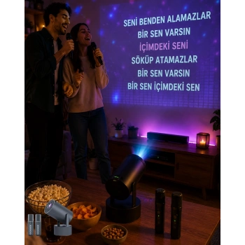 Mey İthalat® 3ü 1 Arada Karaoke ve Projeksiyon Sistemi Çift Mikrofon Destekli