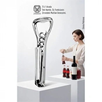 Mey İthalat® 3’ü 1 Arada Profesyonel Çelik Tirbüşon: Lüks Şişe ve Kavanoz Açacağı Kombine Set
