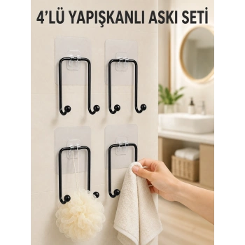 Mey İthalat® 4lü Yapışkanlı Askı Seti Mutfak Banyo ve Ev İçin Duvar Askısı