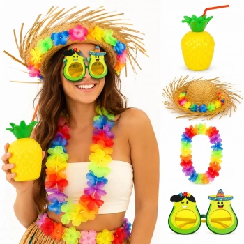 Mey İthalat® 4 Parça Hawaii Parti Seti Ananas Bardak Hasır Şapka Avokado Gözlük Çiçek Kolye