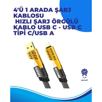 Mey İthalat® 65W 4ü 1 Arada Çoklu Şarj Kablosu – USB-C, USB-A, Lightning, Veri ve Şarj Desteği