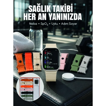 Mey İthalat® 7li Kordon Setli Akıllı Saat Bluetooth Görüşme Bildirim Destekli Çok Fonksiyonlu Smart Watch