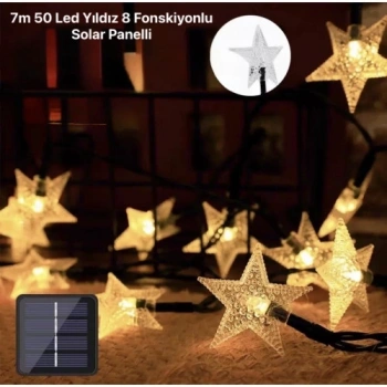 Mey İthalat® 7m 50 Led Yıldız 8 Fonksiyonlu Solar Panelli-Gün Işığı