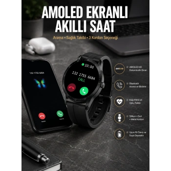 Mey İthalat® Akıllı Saat Amoled Ekran 3 Kordonlu NFC Ve GPS Uyumlu