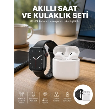 Mey İthalat® Akıllı Saat Gümüş Kasa Bluetooth Kulaklık Hediyeli Çok Fonksiyonlu İkili Set