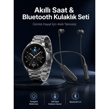 Mey İthalat® Alarm ve Titreşim Özellikli Akıllı Saat ve Mikrofonlu Kablolu Bluetooth Kulaklık 60 Saat