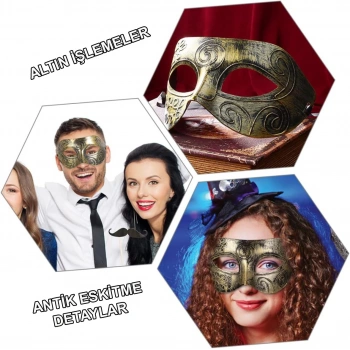 Mey İthalat® Altın Eskitme Yüz Maskesi - Antik Tarz Balo Maskesi