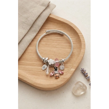 Mey İthalat® Arı ve Pembe Çiçek Charmlı Gümüş Renk Bileklik
