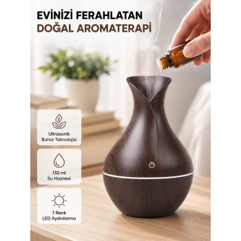 Mey İthalat® Aromaterapi Difüzör Ahşap Desenli ve Ultrasonik Nemlendirici LED Işıklı
