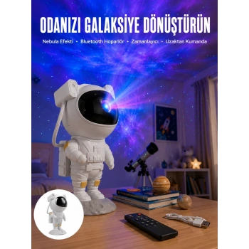 Mey İthalat® Astronot Bluetooth Hoparlör Gökyüzü Projektör Gece Lambası