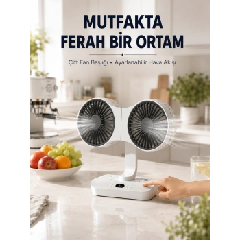 Mey İthalat® Ayarlanabilir Çift Fan Başlıklı Şarjlı Masa Vantilatörü