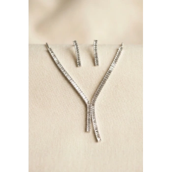 Mey İthalat® Baget Zirkon Taşlı Su Yolu Kolye ve Küpe Set