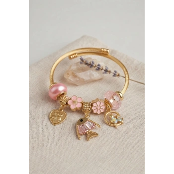 Mey İthalat® Balık Charmlı Pembe Renk Gold Bileklik