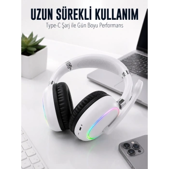 Mey İthalat® Beyaz Bluetooth 5.0 Mikrofonlu Kablosuz Kulak Üstü Kulaklık RGB Işıklı Type-C Şarjlı