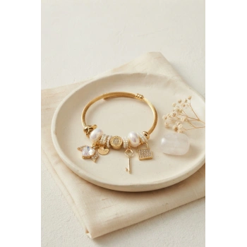 Mey İthalat® Beyaz Kalp Model Gold Renk Charmlı Bileklik
