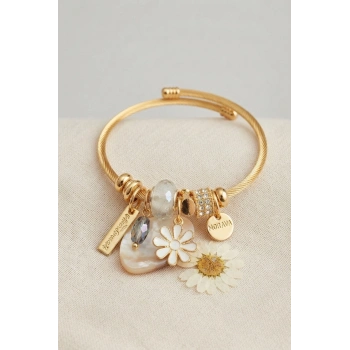 Mey İthalat® Beyaz Papatya Model Gold Renk Charmlı Bileklik