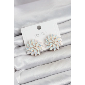Mey İthalat® Beyaz Renk Kristal Taşlı Çiçek Model Kadın Küpe