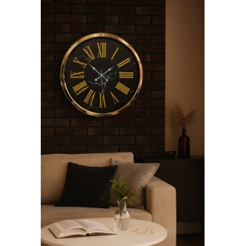 Mey İthalat® Black Marble Gold 52 Cm Metal Duvar Saati