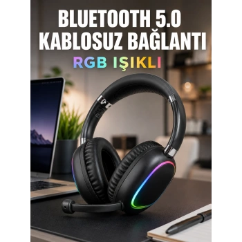 Mey İthalat® Bluetooth 5.0 Kablosuz Kulak Üstü Kulaklık Mikrofonlu RGB Aydınlatmalı