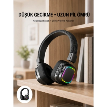 Mey İthalat® Bluetooth 5.3 Rainbow Işıklı Kulak Üstü Kablosuz Kulaklık Yeni Nesil