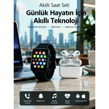 Mey İthalat® Bluetooth Arama Özellikli Akıllı Saat Seti Kablosuz Kulaklık Hediyeli, Android & iOS Uyumlu