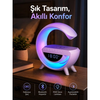 Mey İthalat® Bluetooth Hoparlör 15W Kablosuz Hızlı Şarj LED Gece Lambası