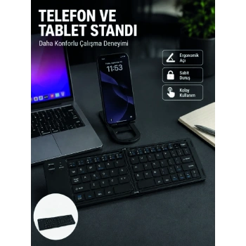 Mey İthalat® Bluetooth Katlanabilir Klavye USB-C Şarjlı 3 Cihaz Bağlantılı Taşınabilir Klavye