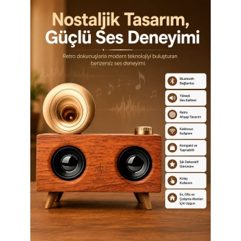 Mey İthalat® Bluetooth Nostalji Speaker Radyo Gramofon Ahşap Renk Vintage