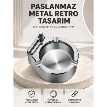 Mey İthalat® Çakmaklı Küllük Paslanmaz Metal Yuvarlak Tasarım