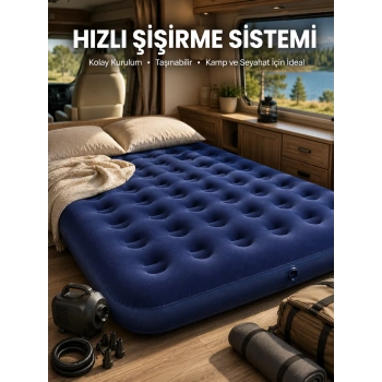 Mey İthalat® Çift Kişilik Şişme Yatak Dayanıklı Vinil Kamp ve Misafir Kullanımına Uygun