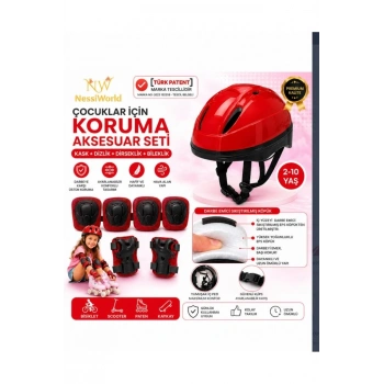 Mey İthalat® Çocuk Kaskı Ve Dizlik, Dirseklik Eldiven Set KIRMIZ/KIRMIZISİYAH