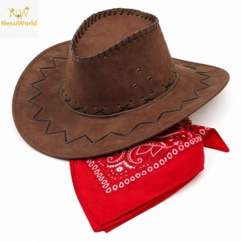 Mey İthalat® Çocuk Kovboy Şapka Kahverengi & Kırmızı Bandana Seti