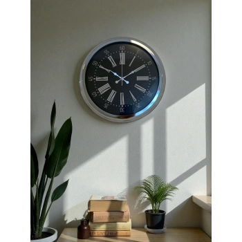 Mey İthalat® Dark Elegance 40 Cm Metal Krom Duvar Saati