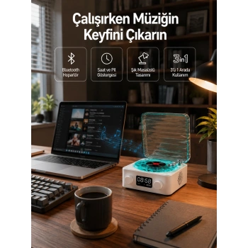 Mey İthalat® Dekoratif Gece Işıklı Bluetooth Hoparlör – Zaman ve Pil Ekranlı