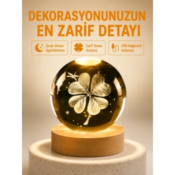 Mey İthalat® Dekoratif Yonca Görünümlü Işıklı Kristal Cam Küre USB Masa Gece Lambası