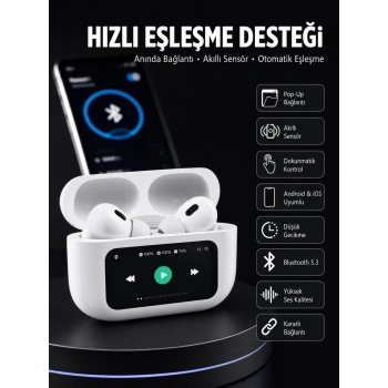Mey İthalat® Dokunmatik Ekranlı ANC/ENC Yeni Nesil Pro Bluetooth Kulaklık Dokunmatik Ekran Yeni Nesil