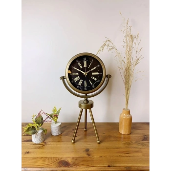 Mey İthalat® Eskitme Metal Mini Tripod Zarif Masa Saati 45×26 cm