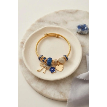 Mey İthalat® Fiyonk Charmlı Mavi Renk Gold Bileklik