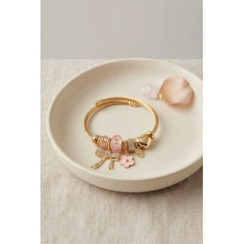Mey İthalat® Fiyonk Charmlı Pembe Renk Gold Bileklik
