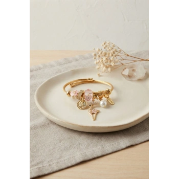 Mey İthalat® Geyik Model Gold Renk Pembe Charmlı Bileklik