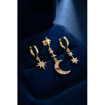 Mey İthalat® Gold Renk 3 lü Ay ve Yıldız Model Küpe