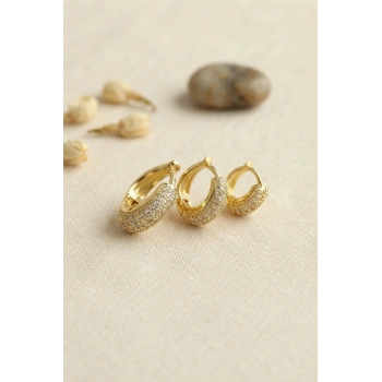 Mey İthalat® Gold Renk 3 lü Zirkon Taşlı Halka Küpe Set