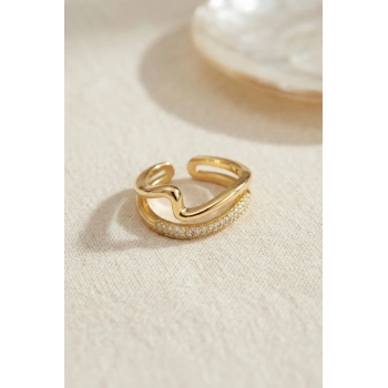 Mey İthalat® Gold Renk Dalgalı ve Zirkon Taşlı Model Kadın Yüzük