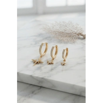 Mey İthalat® Gold Renk Kutup Yıldız Model 3 lü Küpe Seti