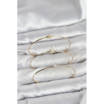 Mey İthalat® Gold Renk Kutup Yıldızı Model Zirkon Taşlı 3lü Kadın Bileklik Kombini