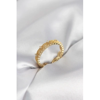 Mey İthalat® Gold Renk Motif Desenli Zirkon Taşlı Kadın Yüzük