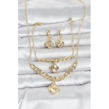 Mey İthalat® Gold Renk Pirinç Kolye Bileklik ve Küpe Seti